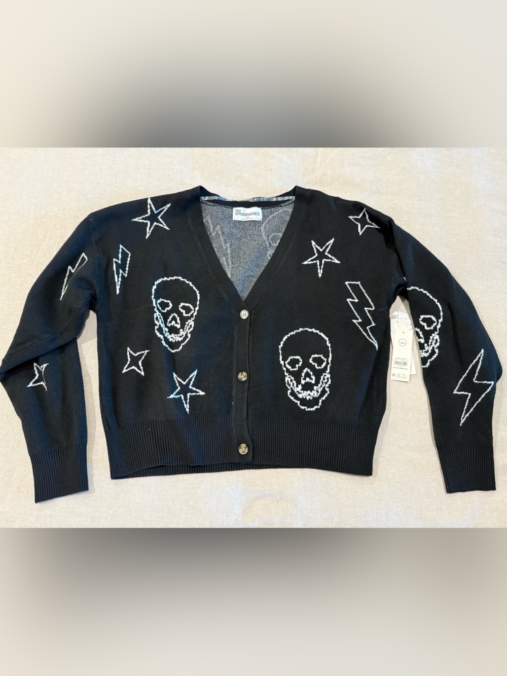 No Boundaries Black Cardigan with White Skull, Star & Lightning Motifs